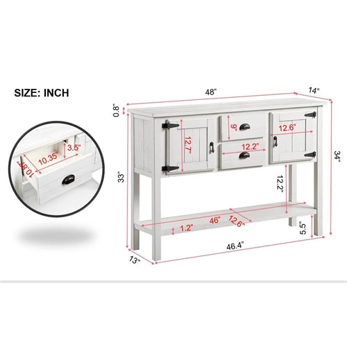 Farmhouse Solid Wood Sofa Table with Storage Drawers in Rustic White Finish