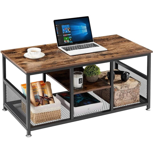 Modern Industrial Metal Wood Coffee Table with Bottom Storage Shelves