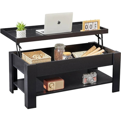 Modern Lift Top Coffee Table Laptop Tray with Storage Shelf in Black Wood Finish