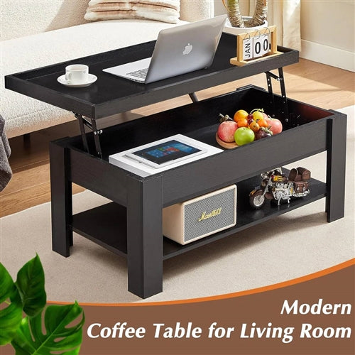 Modern Lift Top Coffee Table Laptop Tray with Storage Shelf in Black Wood Finish