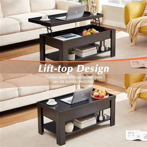 Modern Lift Top Coffee Table Laptop Tray with Storage Shelf in Black Wood Finish