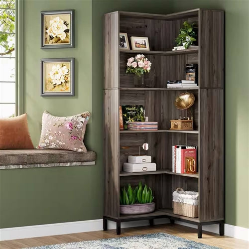 71-inch High Corner Bookcase Bookshelf in Dark Gray Wood Finish