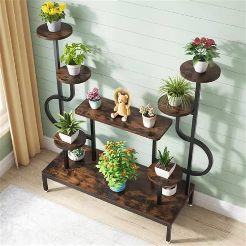 Modern Industrial Metal Wood Stepped Shelf Bookcase Plant Stand Shelving Unit