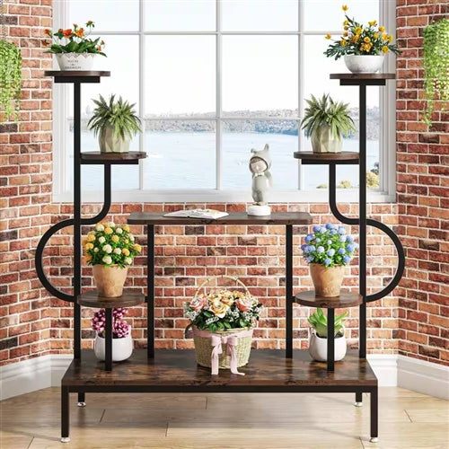 Modern Industrial Metal Wood Stepped Shelf Bookcase Plant Stand Shelving Unit