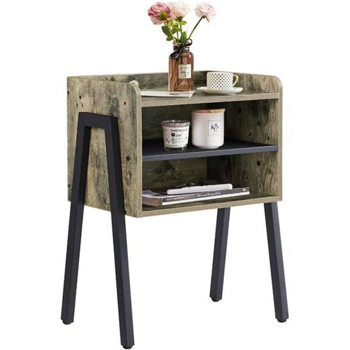 Set of 2 Modern Industrial Grey Wood Black Metal Side Table Nightstand End Table