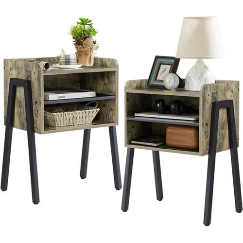 Set of 2 Modern Industrial Grey Wood Black Metal Side Table Nightstand End Table