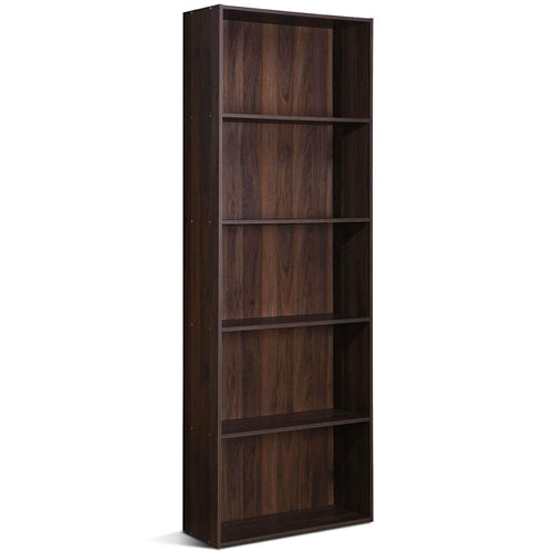 Modern 5-Tier Bookcase Storage Shelf in Brown Walnut Wood Finish