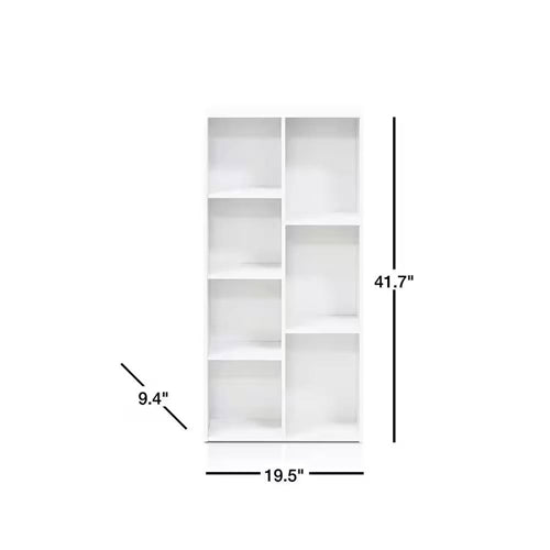 Modern 42-inch High Bookcase with 7 Open Shelves in White Wood Finish